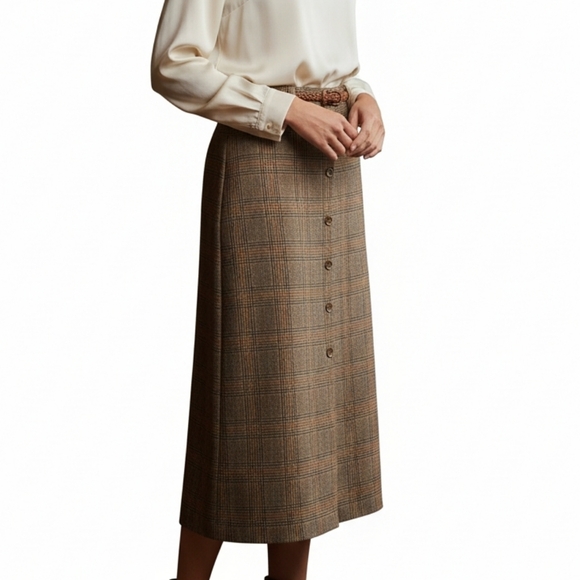 Vintage Dresses & Skirts - Vintage 100% Wool Glen Plaid Button-front Midi Skirt 10 Academia Heritage